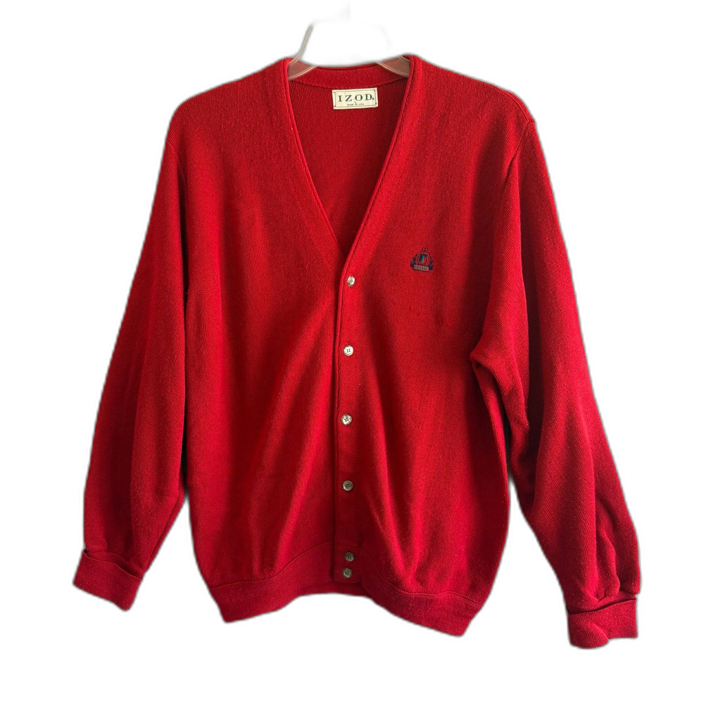 IZOD Vtg Grandpa Cardigan Sweater Mens L Red Heritage Preppy Dark Academia USA